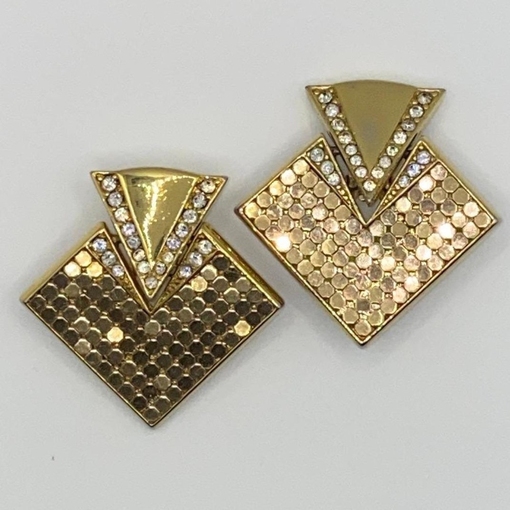 Vintage Whiting & Davis Clip-On Earrings Gold Geometric Honeycomb Rhinestone 80s